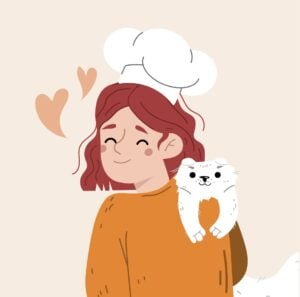 Ilustración de una chica con gorro de cocinera y un gato en el hombro