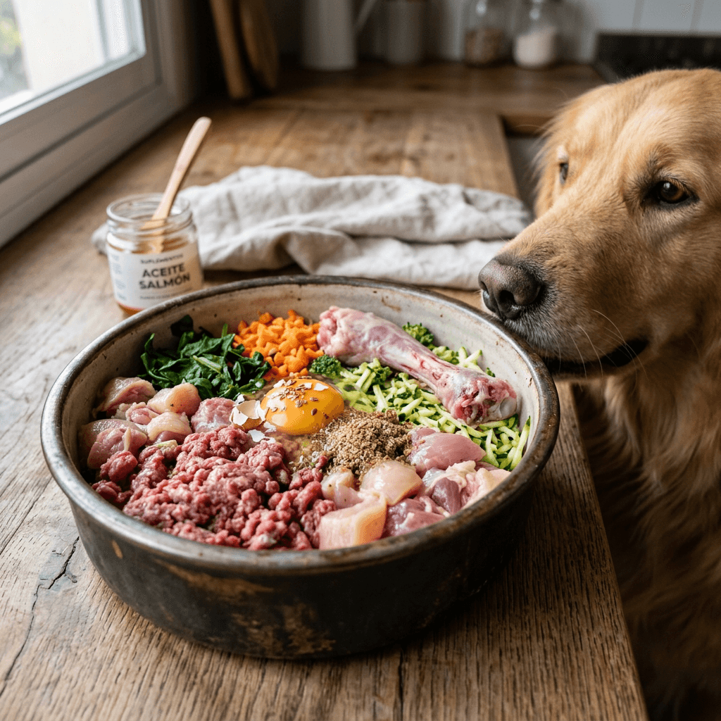 Golden retriever sniffing a bowl of raw dog food containing meat, egg yolk, vegetables, and a bone