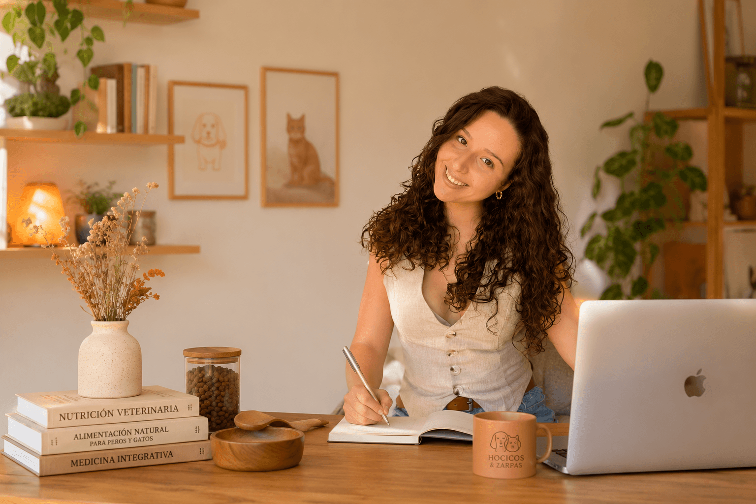 Nadia sonriendo mientras escribe en su escritorio, junto a libros de nutrición veterinaria