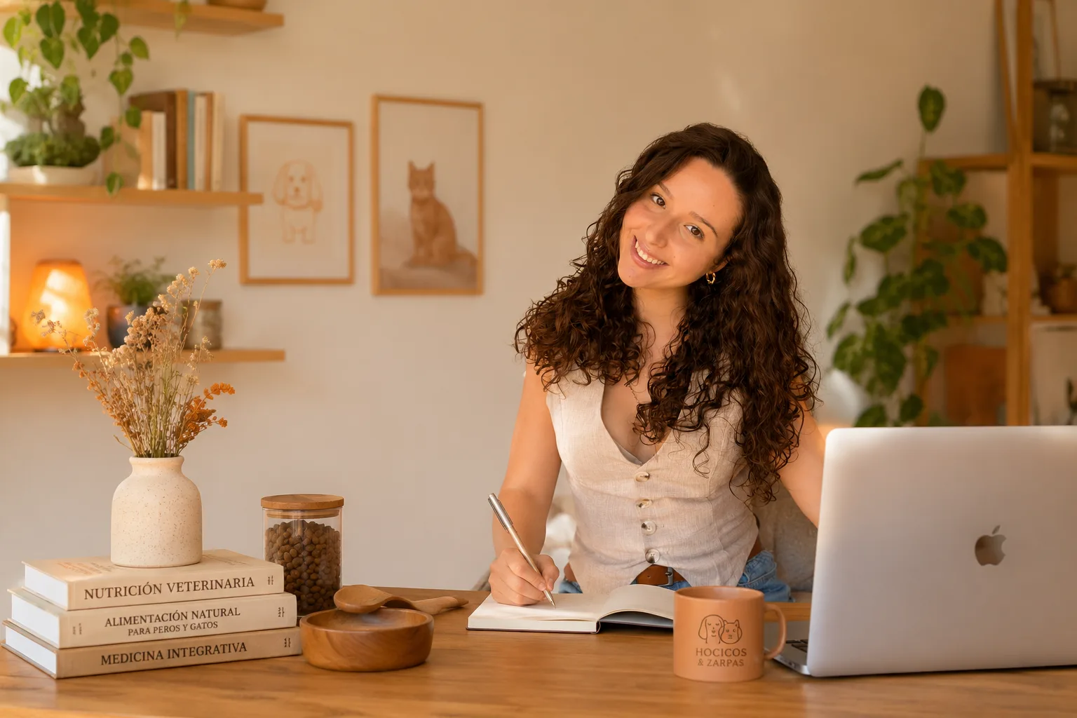 Nadia sonriendo mientras escribe en su escritorio, junto a libros de nutrición veterinaria
